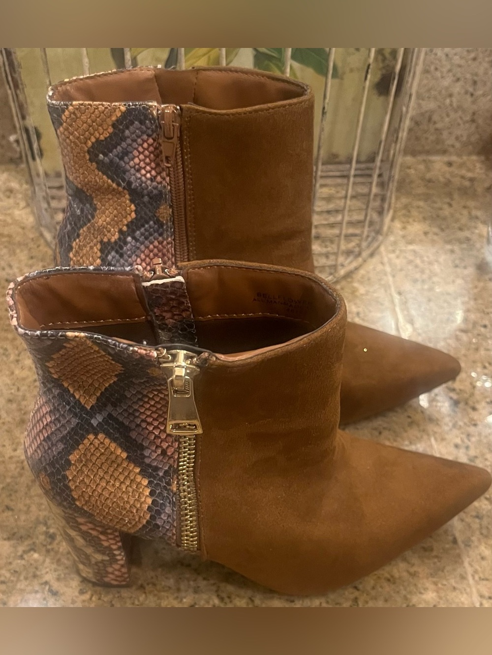 Women's Brown Suede Ankle Booties with Snake-Print Accent